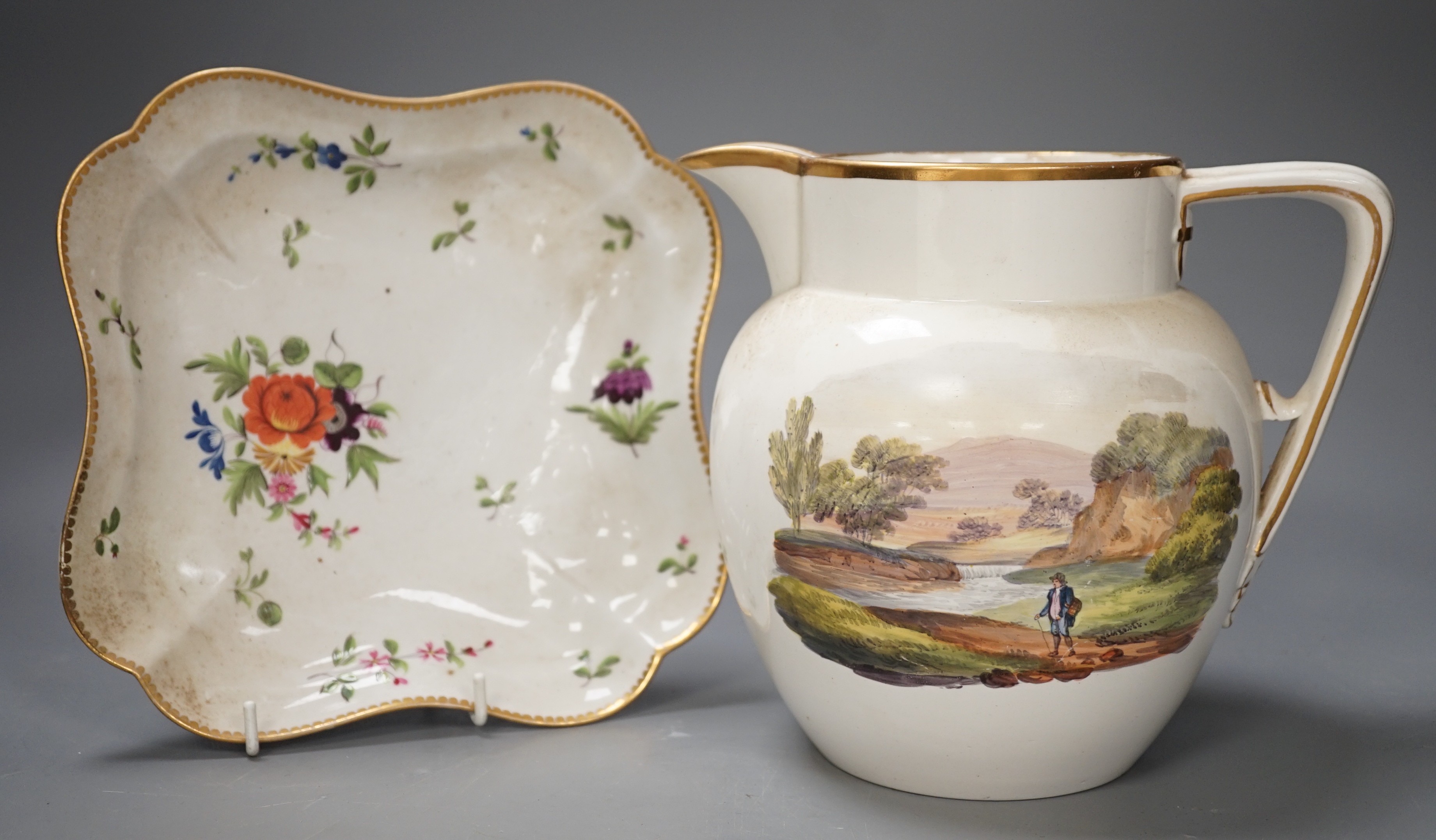 A Regency porcelain jug, 18cm high, and a Chamberlain's Worcester plate